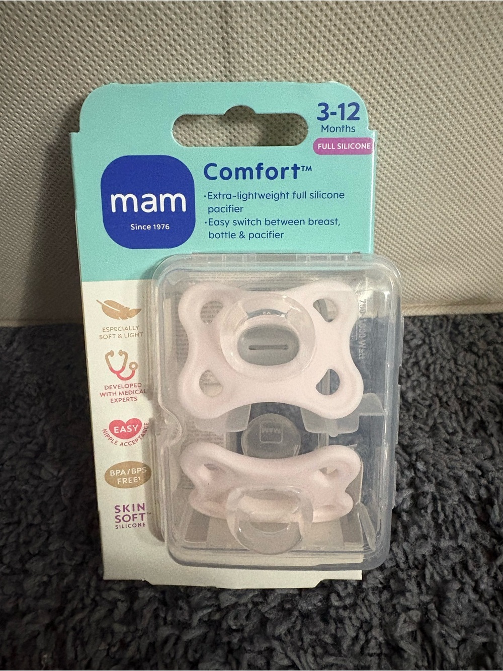 NWT Mam Comfort - Full Silicone -2 pink pacifiers - for ages 3-12 months